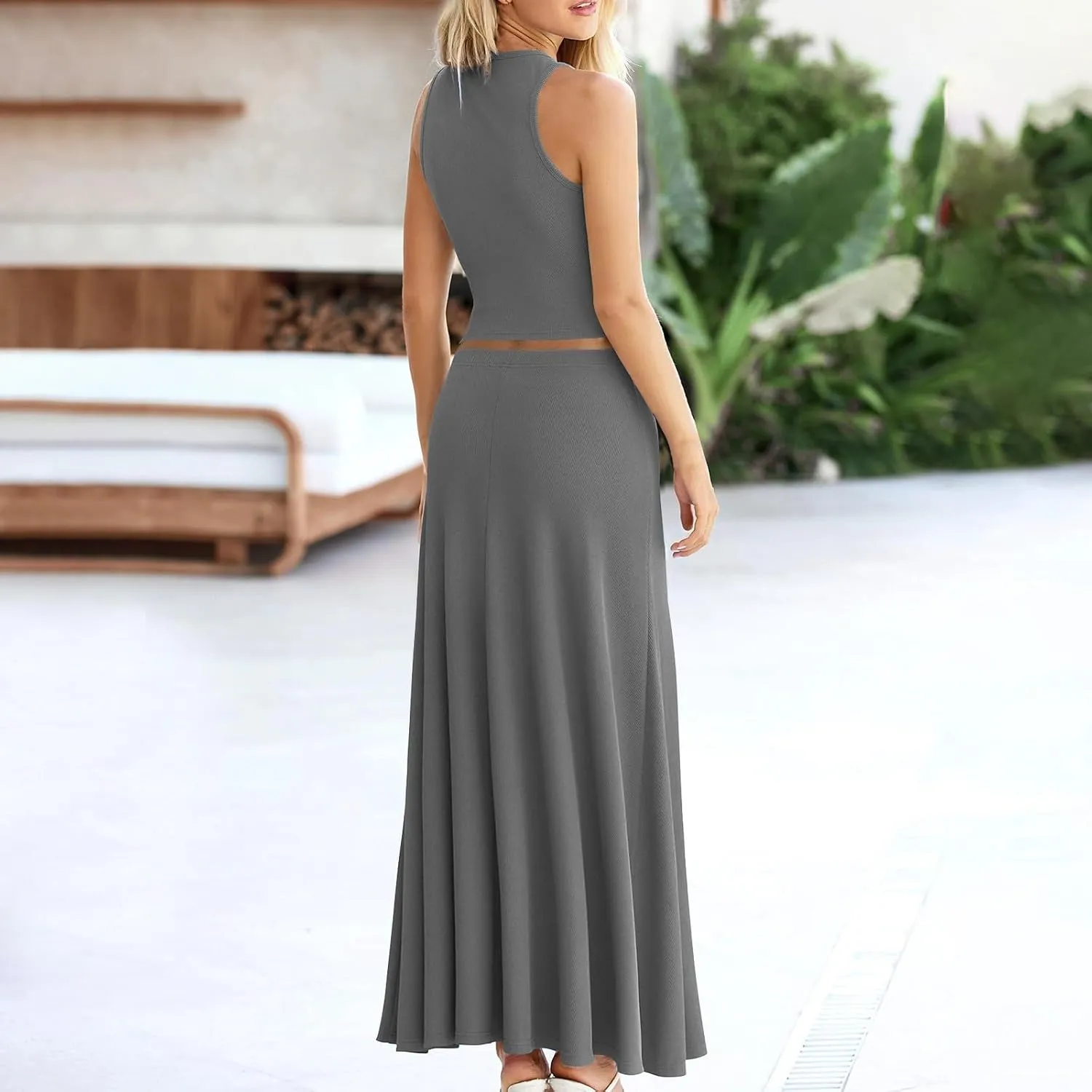 Womens Two Piece Skirt Set Casual Ribbed Knit Crew Neck Short Sleeve Slim Fit Cropped Tops and Swing Midi Skirts Sets
