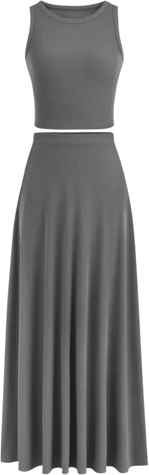 Womens Two Piece Skirt Set Casual Ribbed Knit Crew Neck Short Sleeve Slim Fit Cropped Tops and Swing Midi Skirts Sets