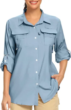 Women's UPF 50  UV Sun Protection Safari Shirt, Long Sleeve Outdoor Cool Quick Dry Fishing Hiking Gardening Shirts