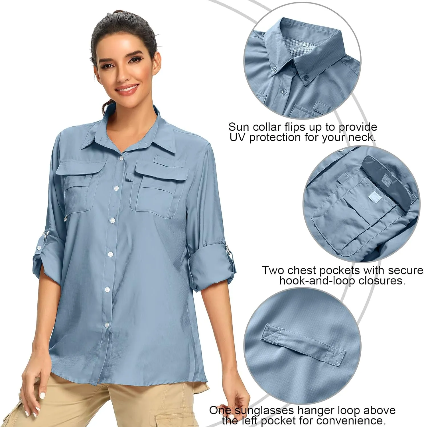 Women's UPF 50  UV Sun Protection Safari Shirt, Long Sleeve Outdoor Cool Quick Dry Fishing Hiking Gardening Shirts