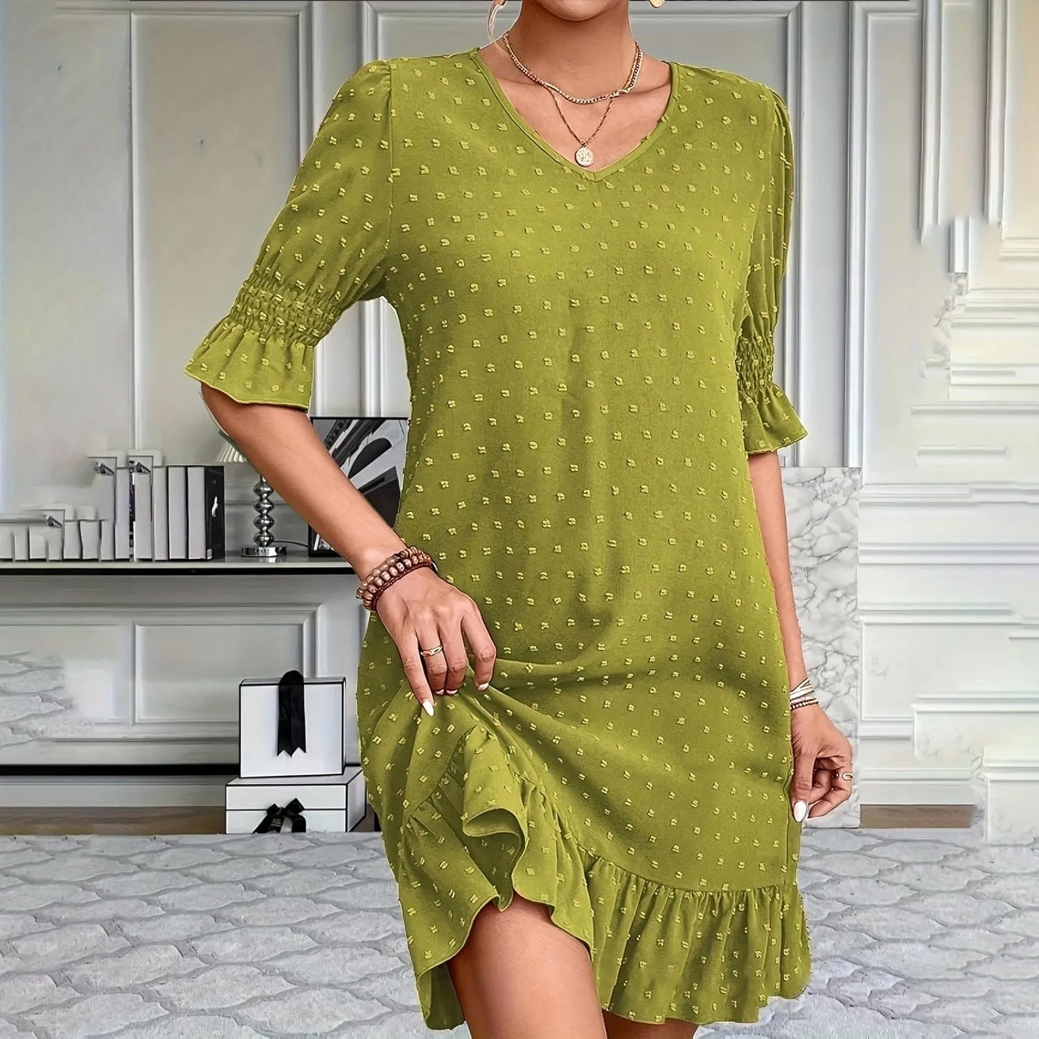 Womens White Dresses Short Sleeve V Neck Ruffle Dresses Cute Sun Dress Chiffon Flowy Mini Dress Summer Casual Dress