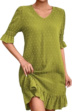 Womens White Dresses Short Sleeve V Neck Ruffle Dresses Cute Sun Dress Chiffon Flowy Mini Dress Summer Casual Dress