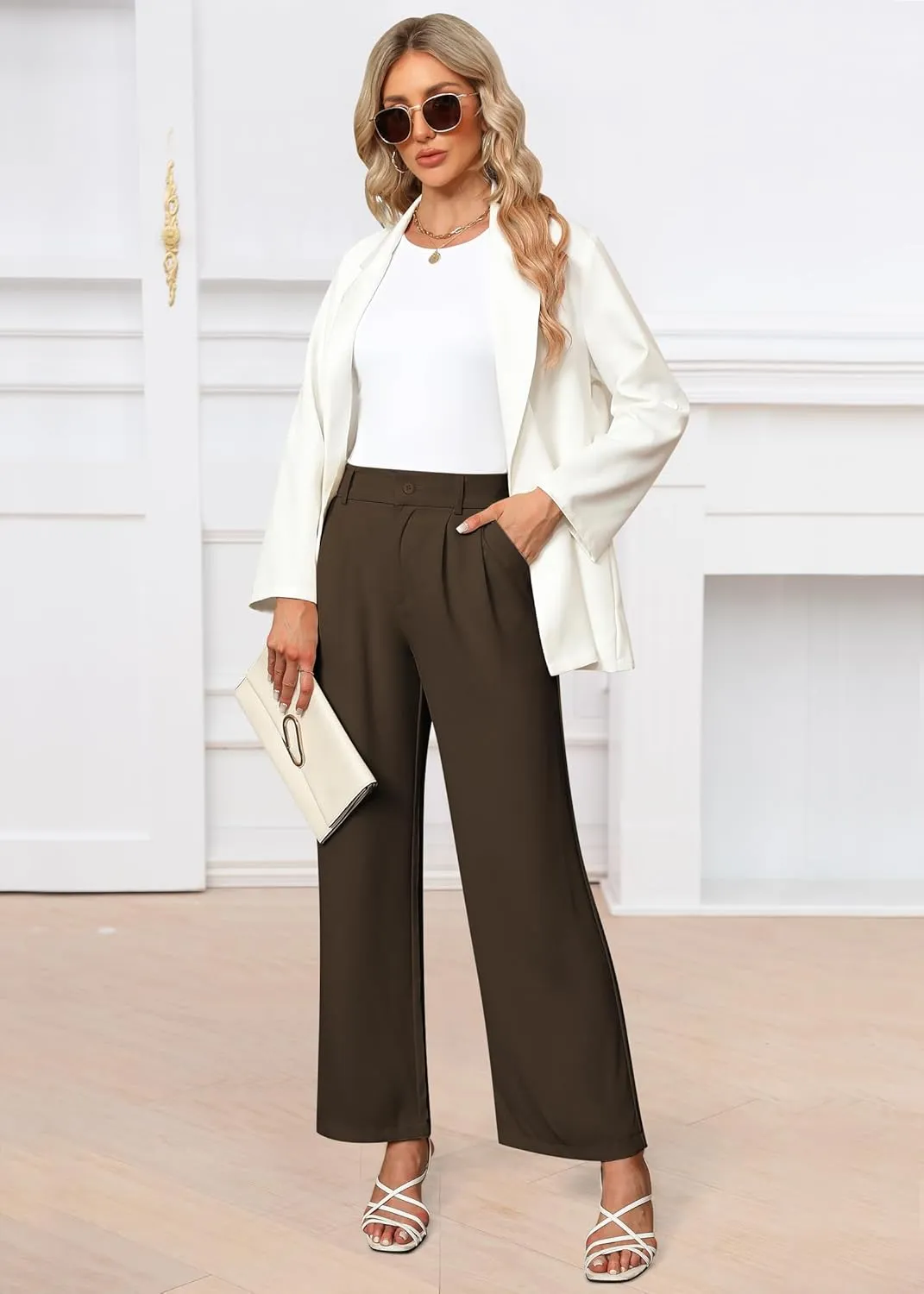 Womens Wide Leg Pants High Waisted Business Casual Summer Dress Pants Palazzo Long Work Trousers with Pockets