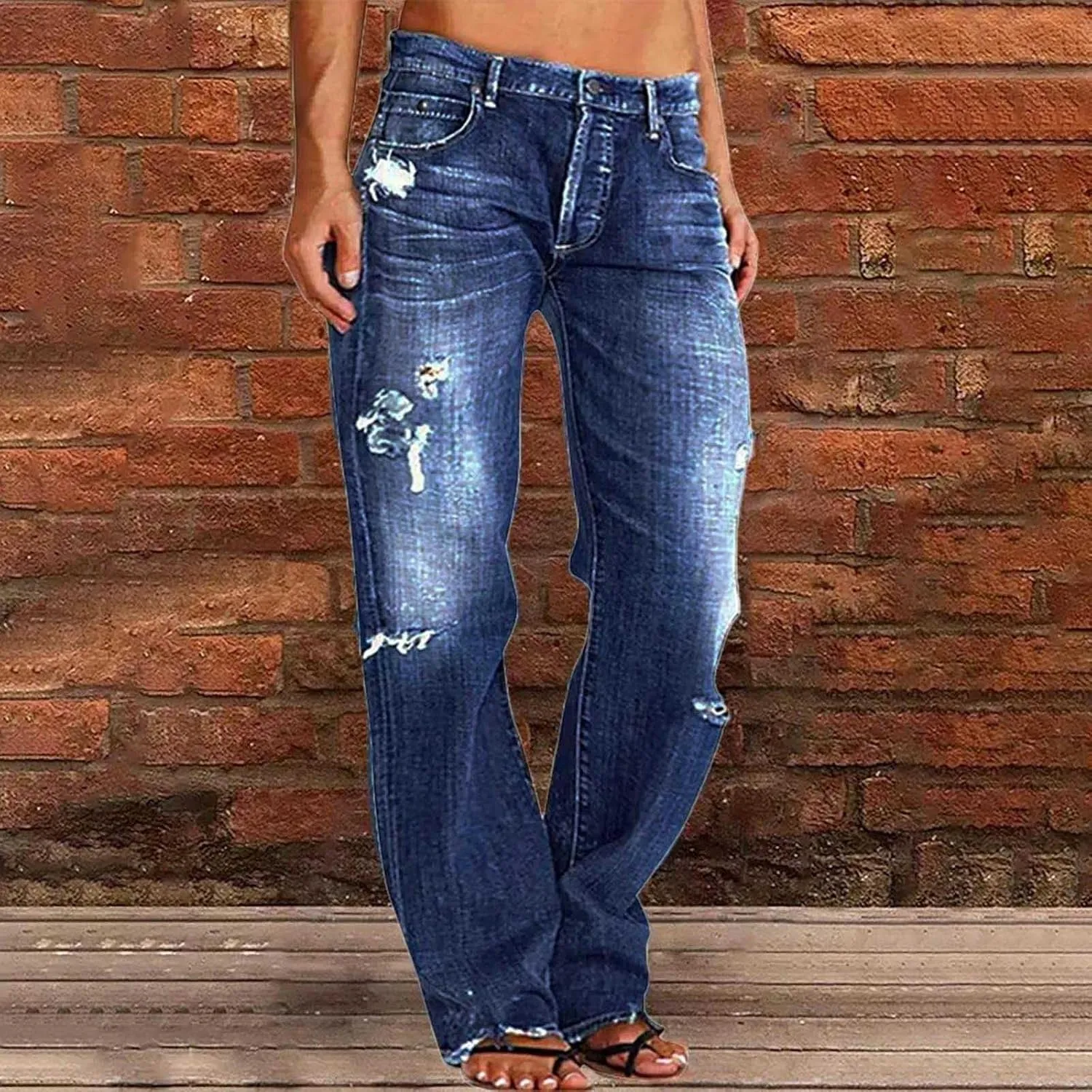 Women's Wide Leg Ripped Trendy Jeans Casual Vintage Distressed Denim Pants Boyfriend Trousers