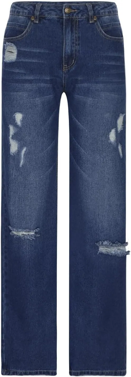 Women's Wide Leg Ripped Trendy Jeans Casual Vintage Distressed Denim Pants Boyfriend Trousers
