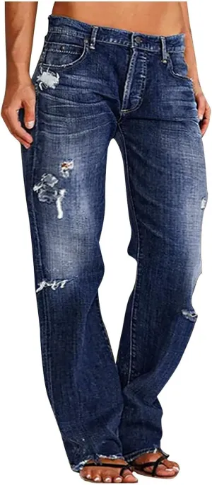 Women's Wide Leg Ripped Trendy Jeans Casual Vintage Distressed Denim Pants Boyfriend Trousers