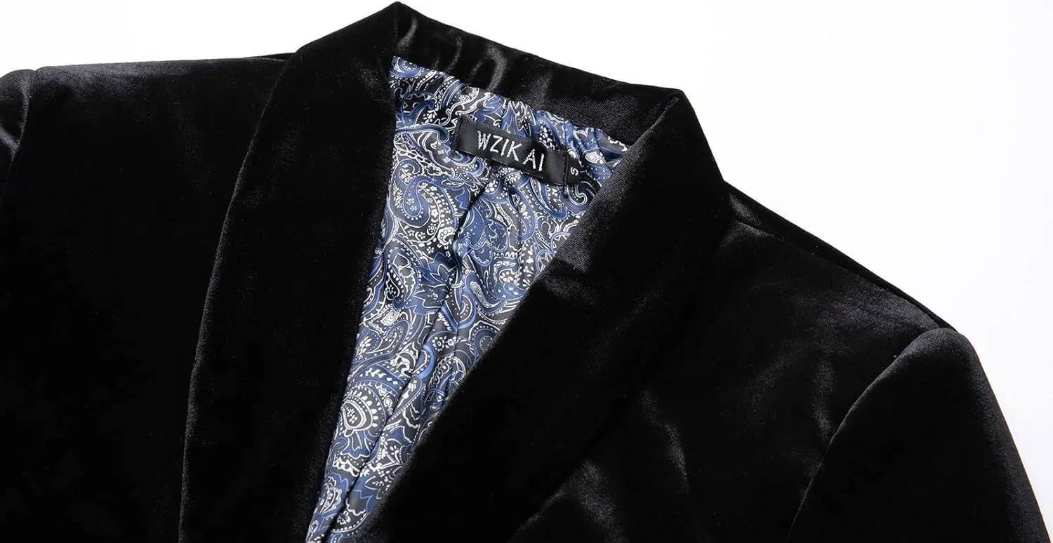 WZIKAI Mens Velvet Blazer Slim Fit One Button Solid Suit Jacket Sport Coat for Wedding Prom Dinner Party