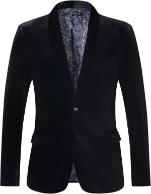 WZIKAI Mens Velvet Blazer Slim Fit One Button Solid Suit Jacket Sport Coat for Wedding Prom Dinner Party