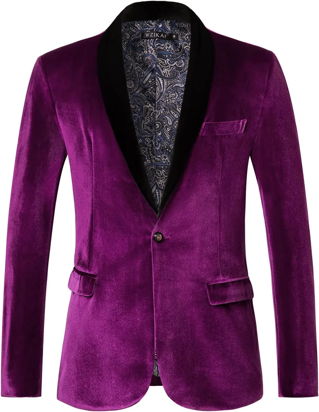 WZIKAI Mens Velvet Blazer Slim Fit One Button Solid Suit Jacket Sport Coat for Wedding Prom Dinner Party