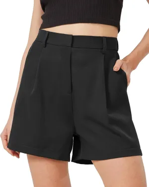 XinYangNi Casual Elastic High Waisted Tailored Work Business Pleated Wide Leg Dressy Shorts with 2 Pockets for Women