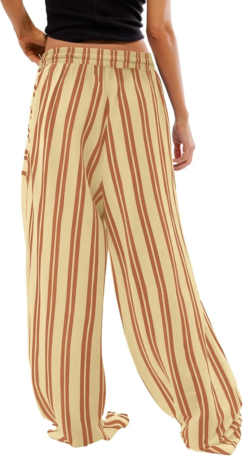 Yanekop Womens Striped Pants Casual Long Pants Wide Leg Lounge Pants with Pockets Loose Trousers High Waist Drawstring