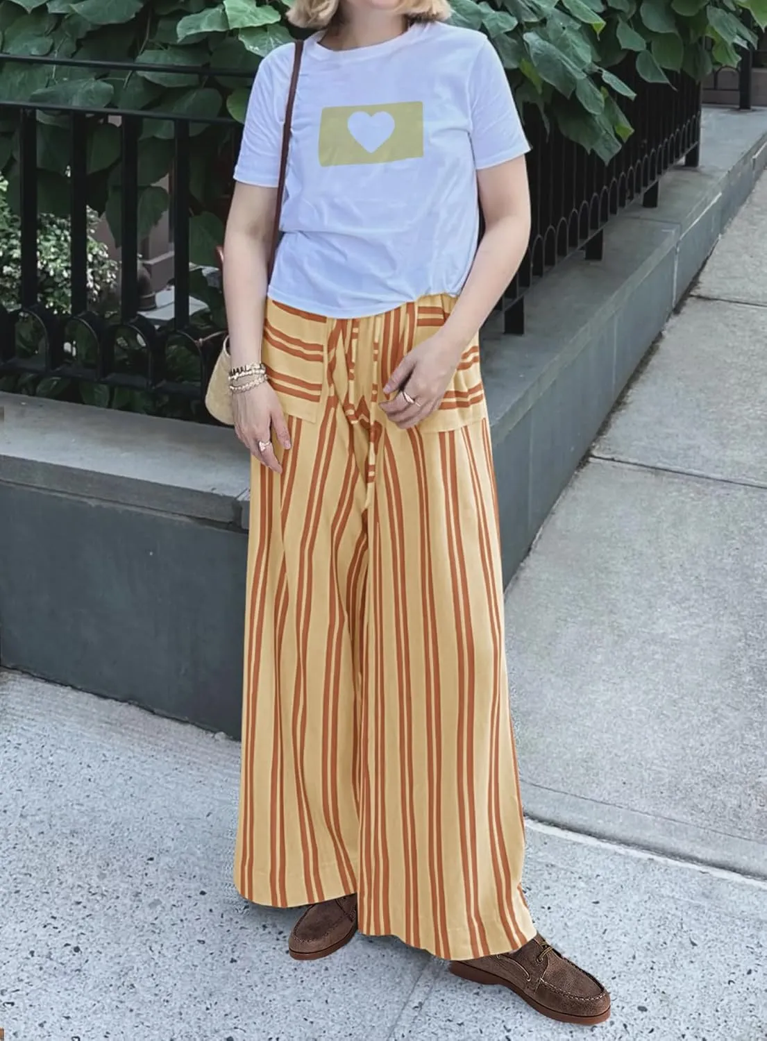 Yanekop Womens Striped Pants Casual Long Pants Wide Leg Lounge Pants with Pockets Loose Trousers High Waist Drawstring