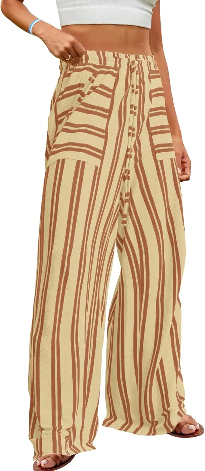 Yanekop Womens Striped Pants Casual Long Pants Wide Leg Lounge Pants with Pockets Loose Trousers High Waist Drawstring