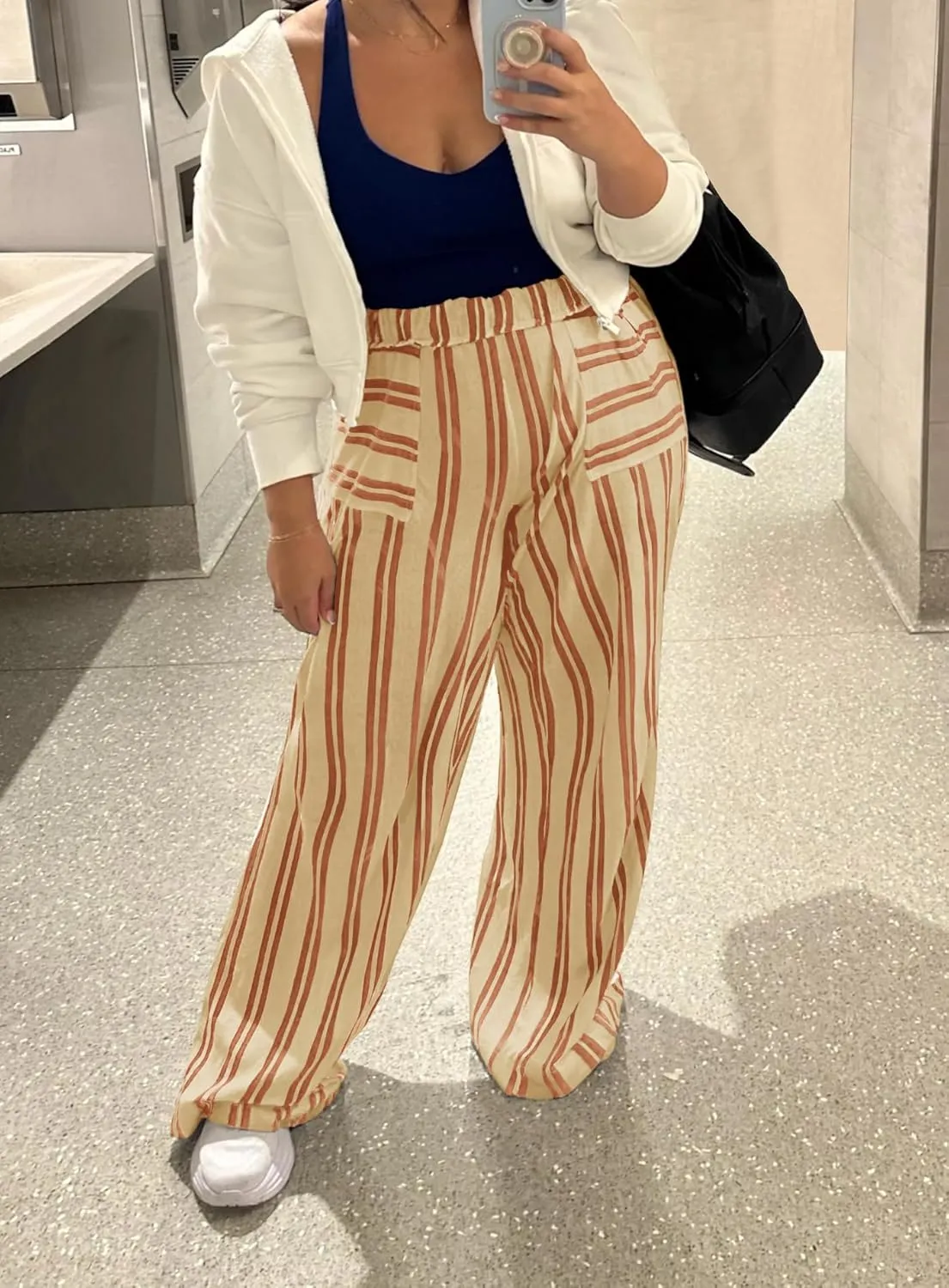 Yanekop Womens Striped Pants Casual Long Pants Wide Leg Lounge Pants with Pockets Loose Trousers High Waist Drawstring