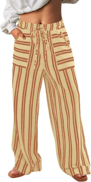 Yanekop Womens Striped Pants Casual Long Pants Wide Leg Lounge Pants with Pockets Loose Trousers High Waist Drawstring