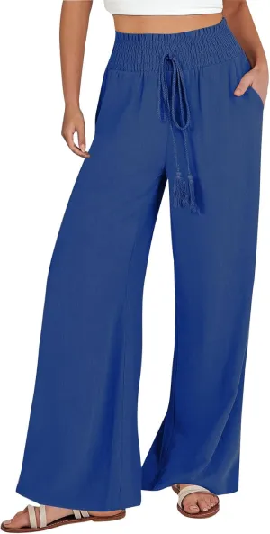 yardsong Linen Pants Women Summer Boho Smocked Drawstring High Waist Wide Leg Casual Loose Fit Trousers with Pockets