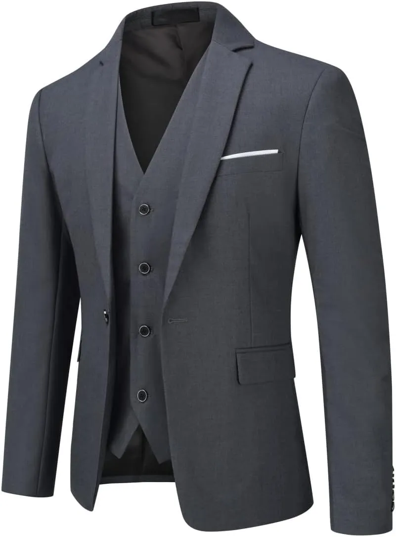 YFFUSHI Men's 3 Piece Suit Set Slim Fit One Button Solid Jacket Vest Pants with Suit Bags