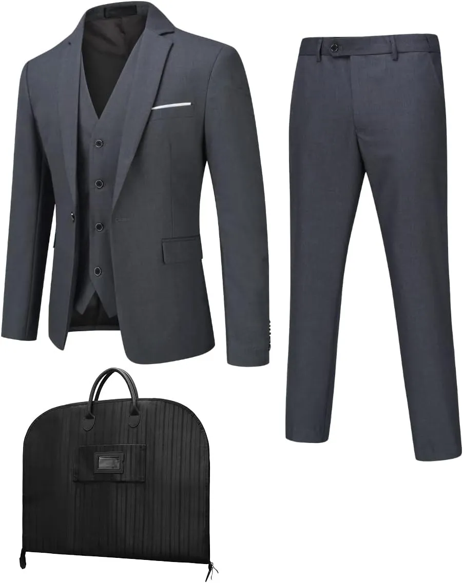 YFFUSHI Men's 3 Piece Suit Set Slim Fit One Button Solid Jacket Vest Pants with Suit Bags