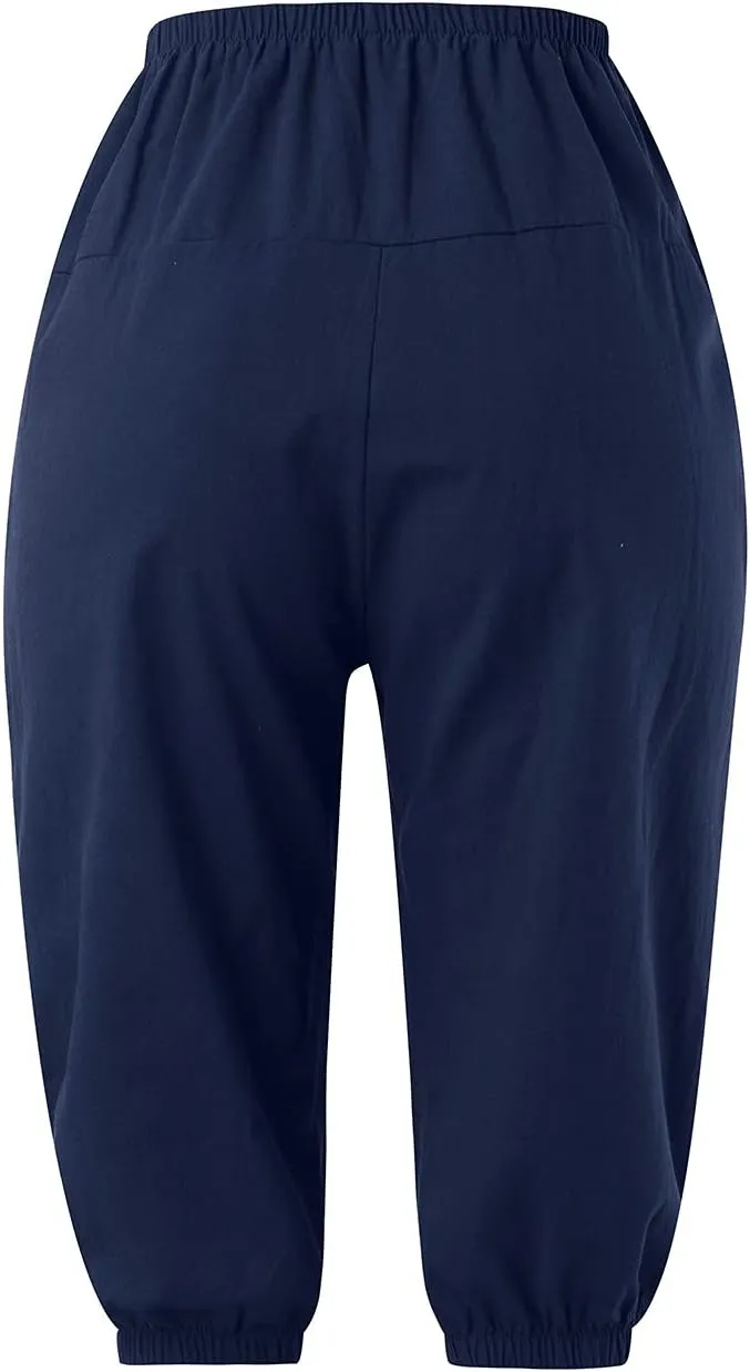 YOLAI Cotton Linen Knee Length Pant Women Casual Solid Pants High Waist Cropped Trousers Summer Lightweight Pant (Navy, M)