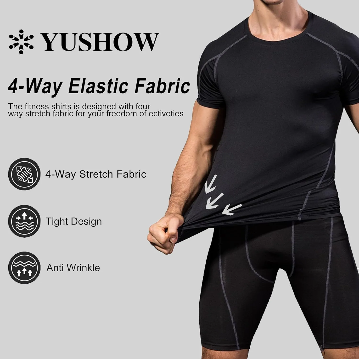 YUSHOW Men's Compression Shirts for Workout Moisture Wicking Quick Dry Running Athletic Base Layer Short Sleeve