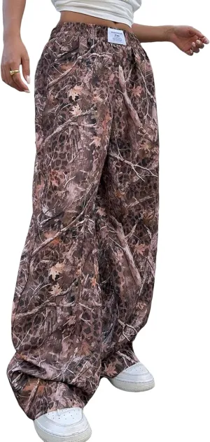 ZAFUL Women's Camo Cargo Pants Y2K Elastic High Waisted Wide Leg Casual Straight Pants Joggers Sweatpants with Patch Detail