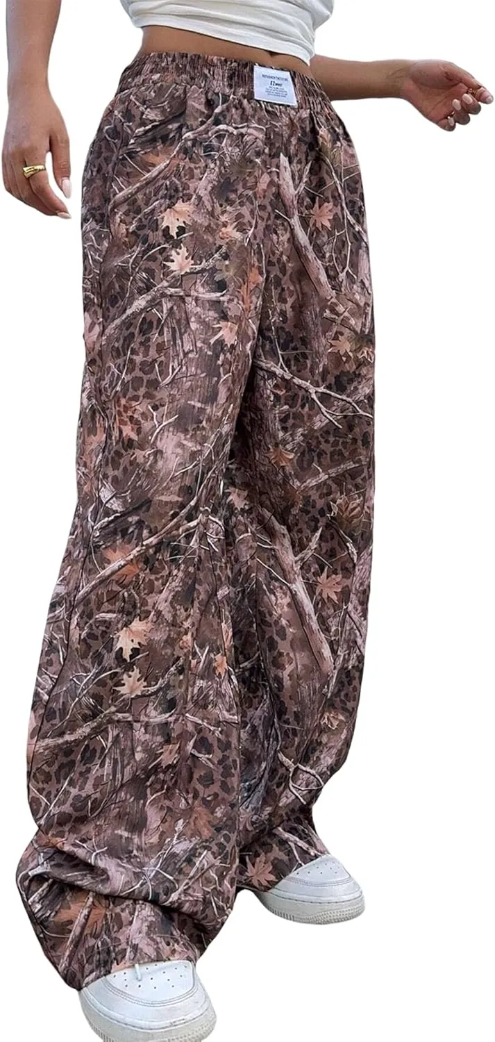 ZAFUL Women's Camo Cargo Pants Y2K Elastic High Waisted Wide Leg Casual Straight Pants Joggers Sweatpants with Patch Detail