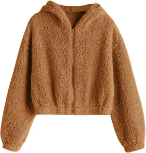 ZAFUL Women's Hooded Zip Up Faux Shearling Fluffy Teddy Jacket Coat