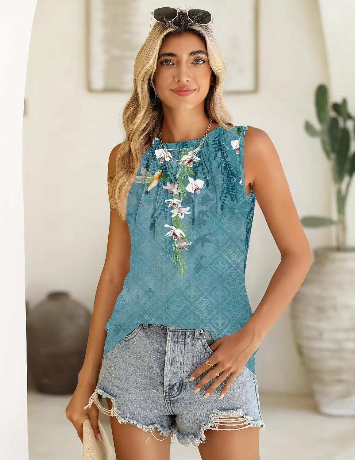 Zeagoo Summer Tank Top for Women 2025 Pleated High Neck Tops Loose Fit Flowy Dressy Tunic Sleeveless Shirts