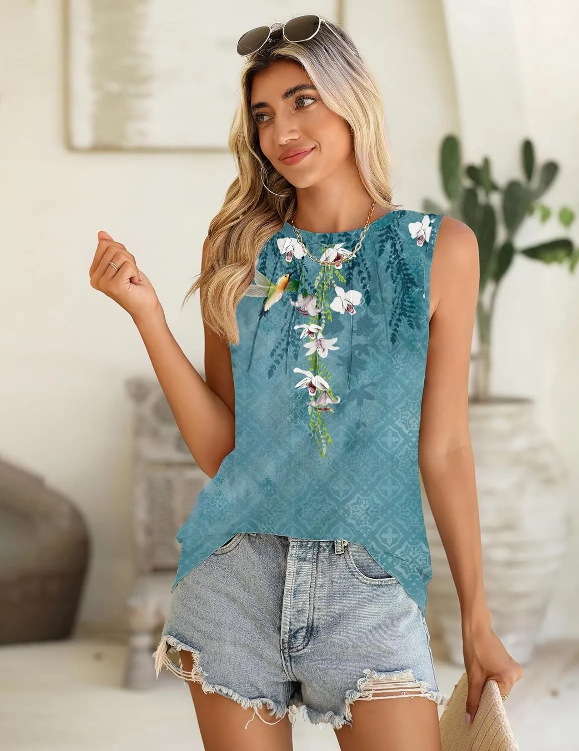 Zeagoo Summer Tank Top for Women 2025 Pleated High Neck Tops Loose Fit Flowy Dressy Tunic Sleeveless Shirts