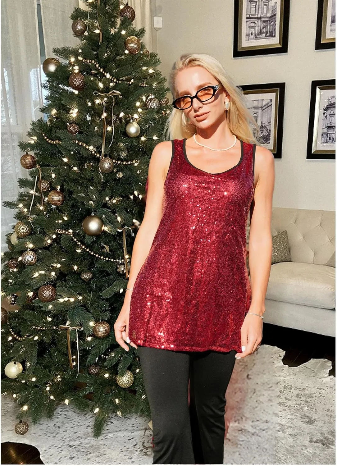Zeagoo Women's Sleeveless Sparkle Shimmer Camisole Vest Glitter Sequin Tank Tops