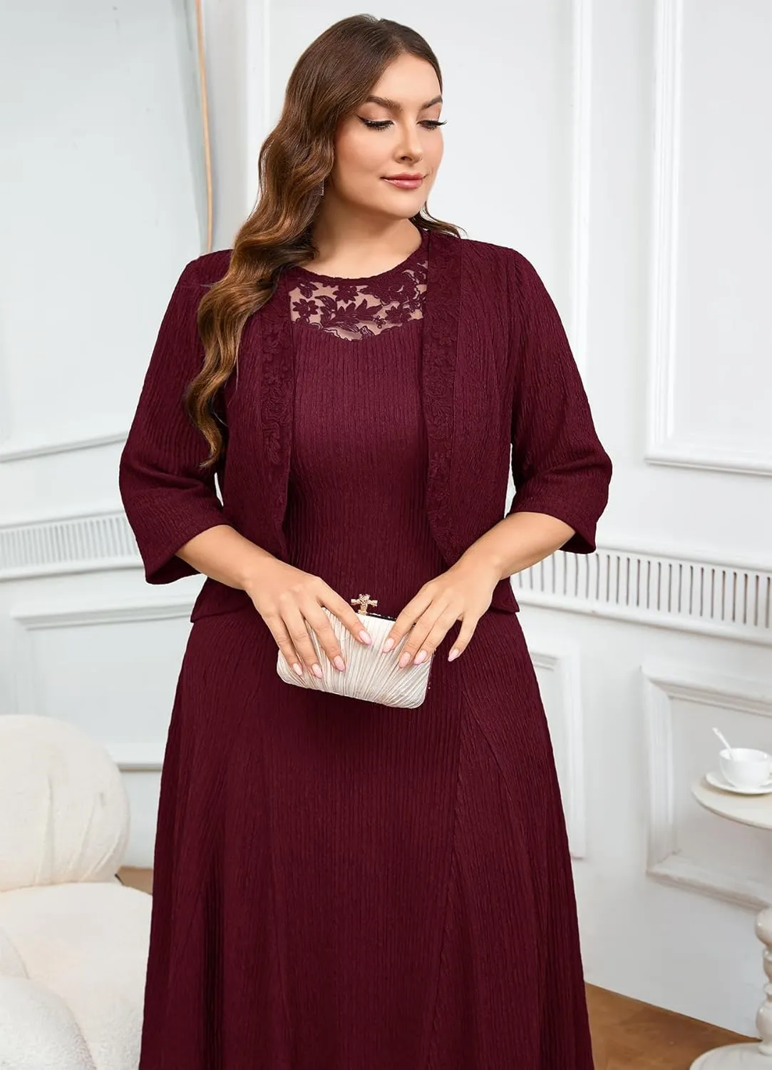 ZOMVA Plus Size Mother of The Bride Groom Dresses for Curvy Women 2 Piece Wedding Guest Dress with Jacket Tea Length
