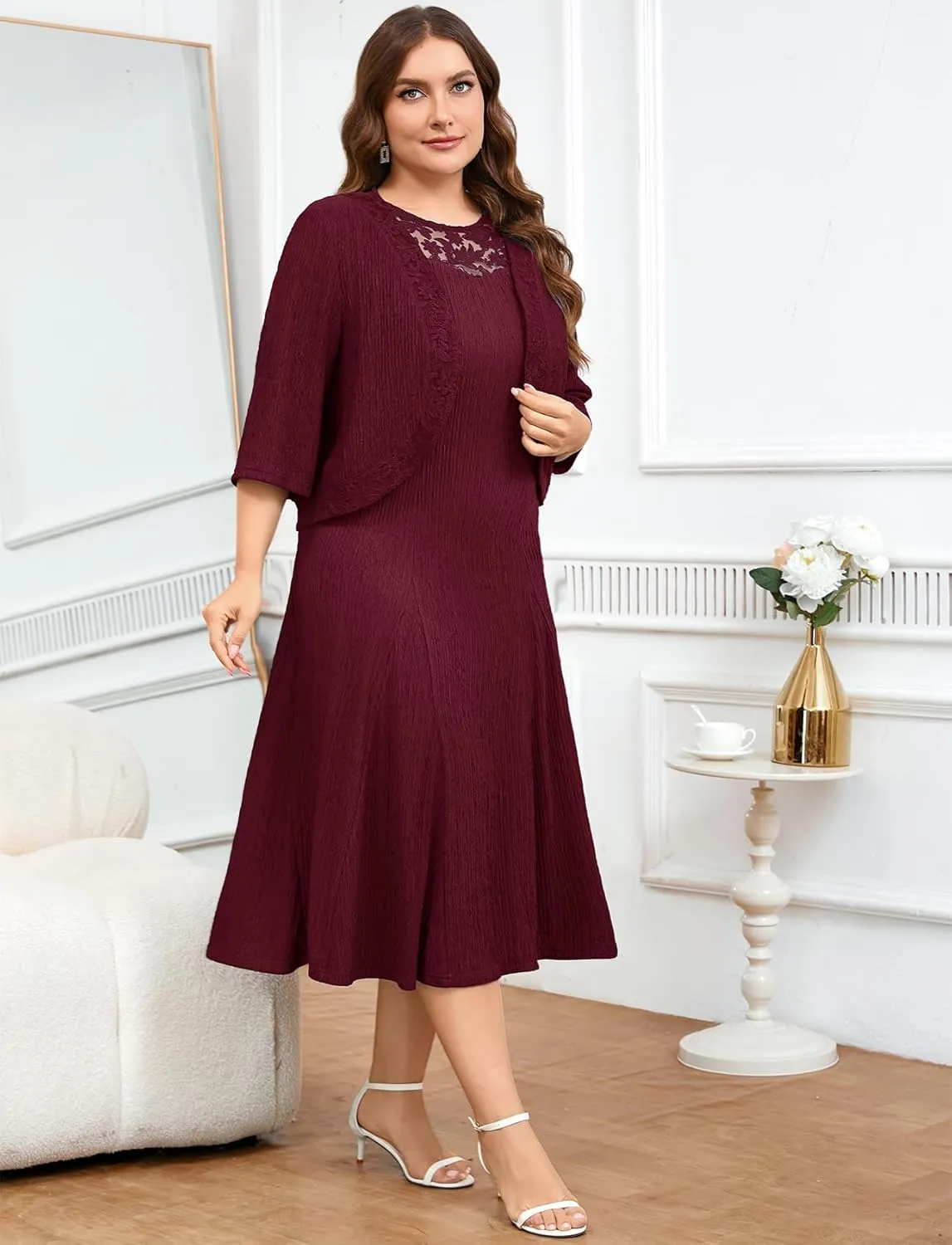 ZOMVA Plus Size Mother of The Bride Groom Dresses for Curvy Women 2 Piece Wedding Guest Dress with Jacket Tea Length