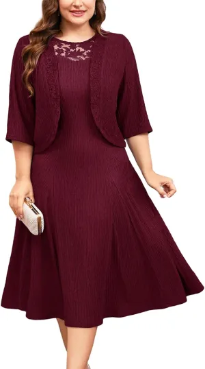 ZOMVA Plus Size Mother of The Bride Groom Dresses for Curvy Women 2 Piece Wedding Guest Dress with Jacket Tea Length