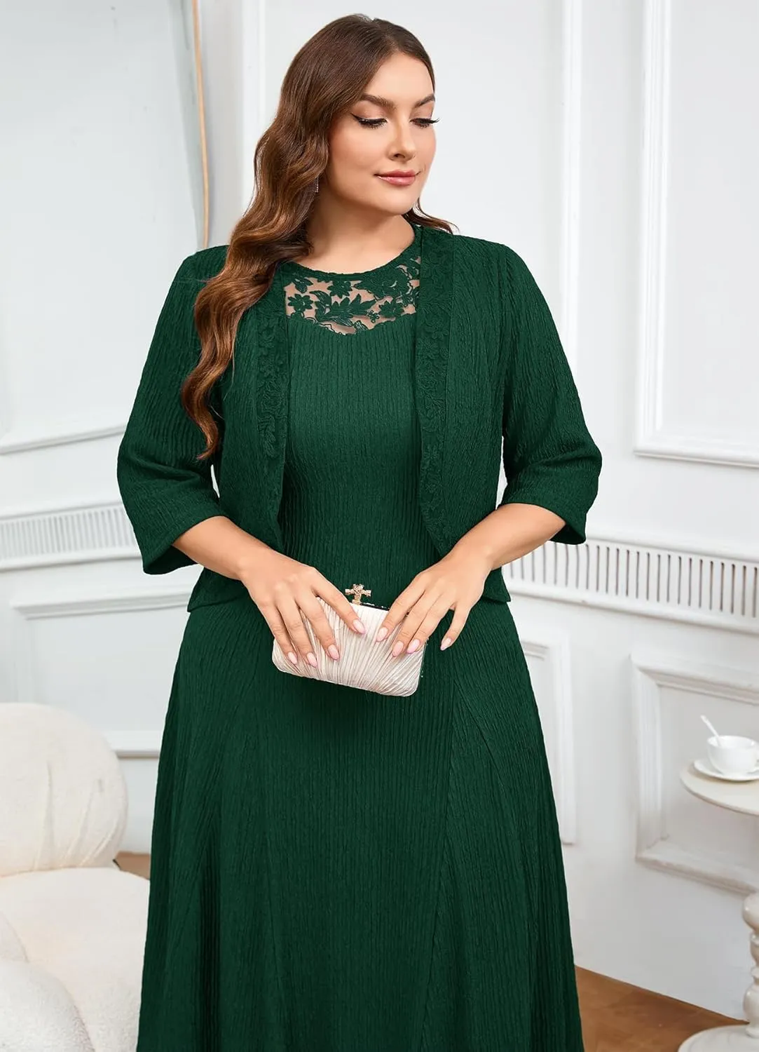 ZOMVA Plus Size Mother of The Bride Groom Dresses for Curvy Women 2 Piece Wedding Guest Dress with Jacket Tea Length