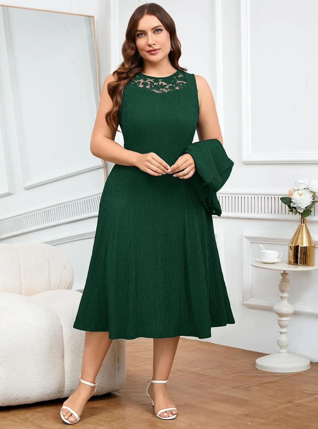 ZOMVA Plus Size Mother of The Bride Groom Dresses for Curvy Women 2 Piece Wedding Guest Dress with Jacket Tea Length