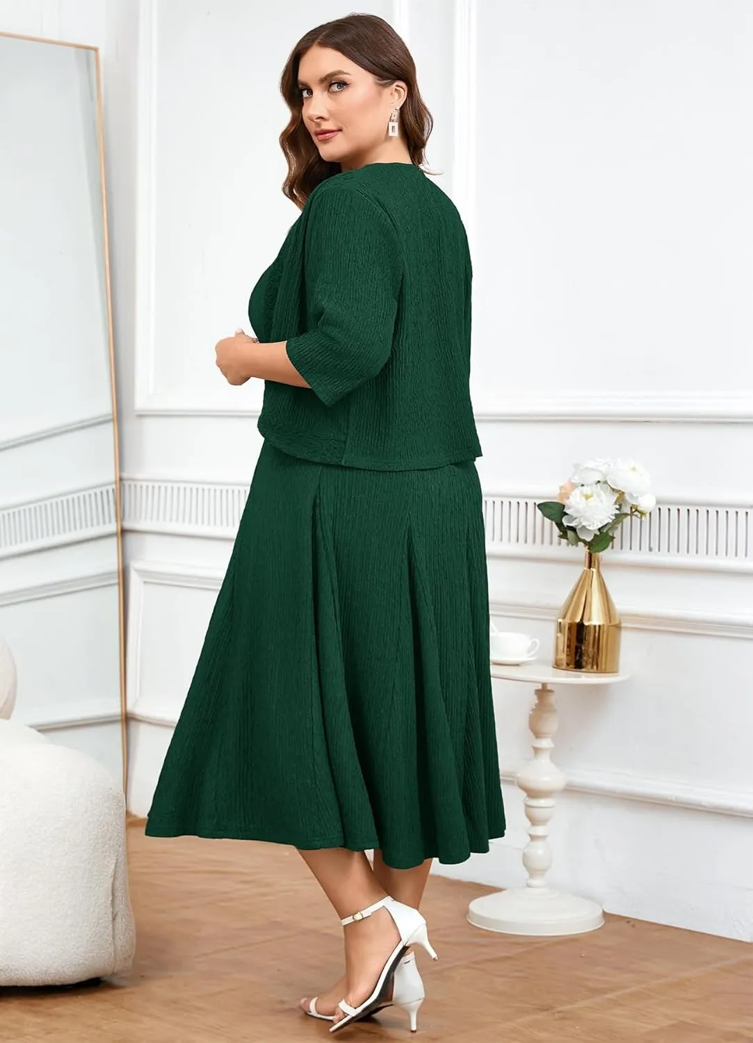 ZOMVA Plus Size Mother of The Bride Groom Dresses for Curvy Women 2 Piece Wedding Guest Dress with Jacket Tea Length