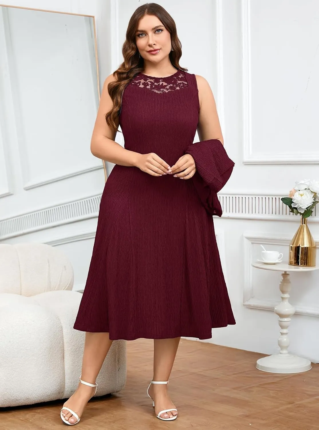 ZOMVA Plus Size Mother of The Bride Groom Dresses for Curvy Women 2 Piece Wedding Guest Dress with Jacket Tea Length