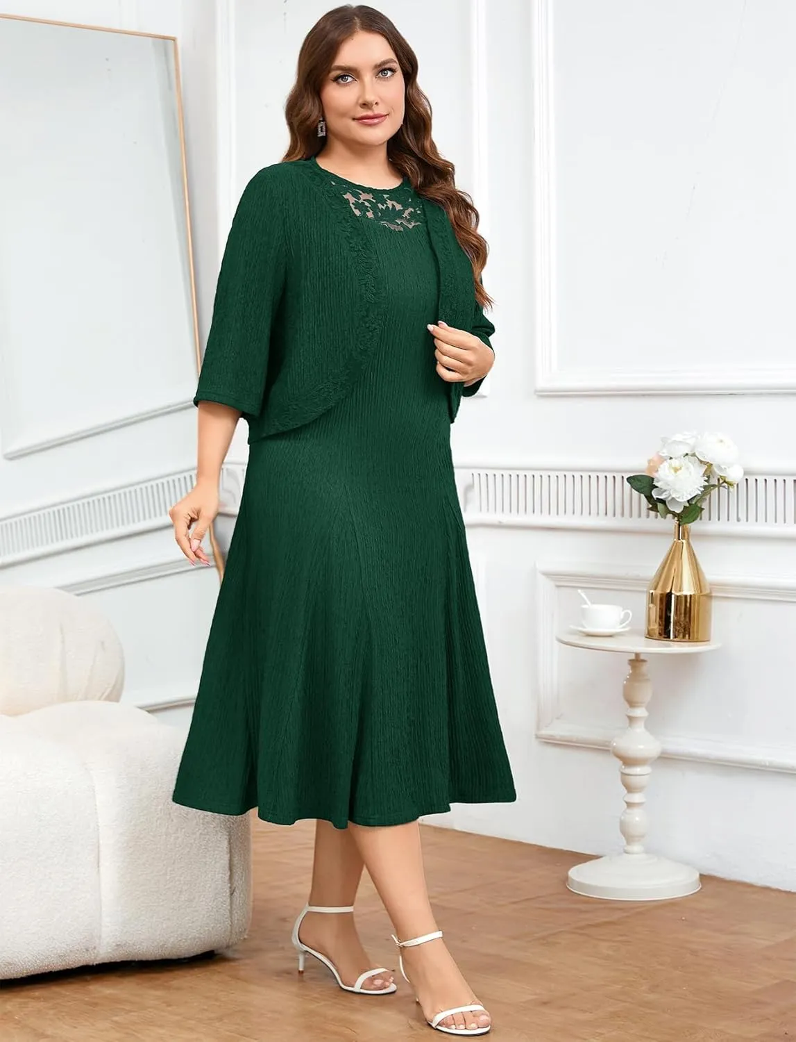 ZOMVA Plus Size Mother of The Bride Groom Dresses for Curvy Women 2 Piece Wedding Guest Dress with Jacket Tea Length