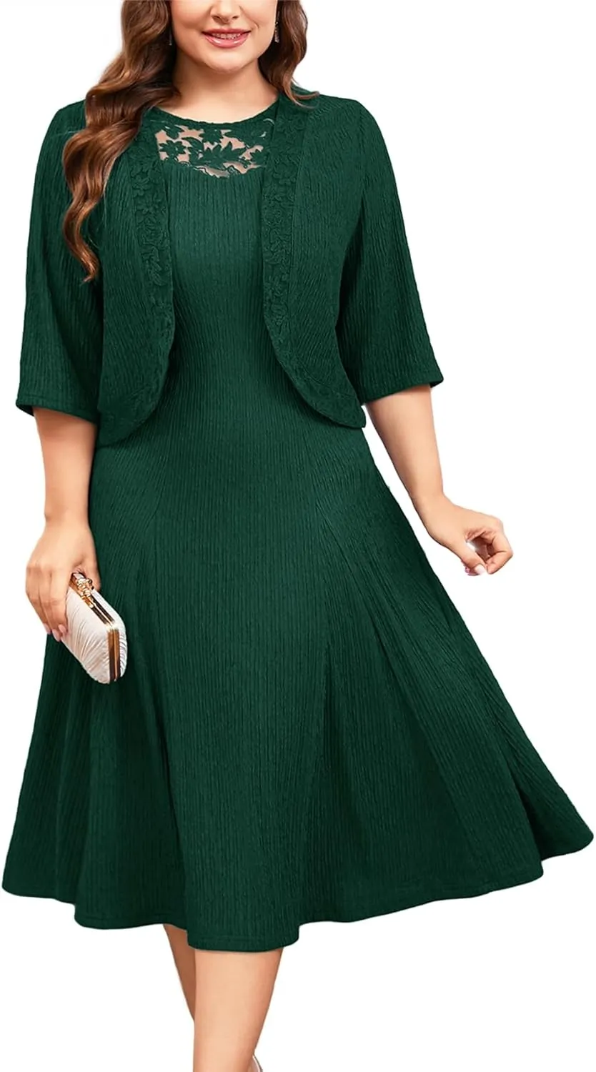 ZOMVA Plus Size Mother of The Bride Groom Dresses for Curvy Women 2 Piece Wedding Guest Dress with Jacket Tea Length