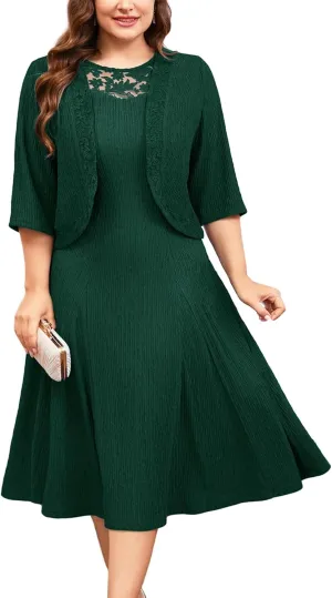 ZOMVA Plus Size Mother of The Bride Groom Dresses for Curvy Women 2 Piece Wedding Guest Dress with Jacket Tea Length