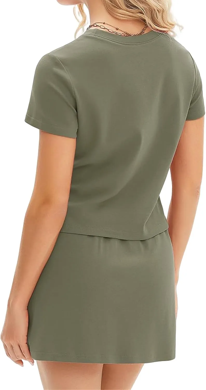 ZWRXW Two Piece Skirt Set for Women Tennis 2 Piece Outfits Short Sleeve/Sleeveless Top Elastic Short Skorts Sweatsuits 2025