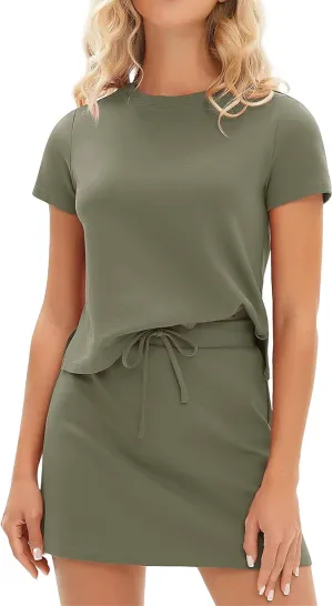 ZWRXW Two Piece Skirt Set for Women Tennis 2 Piece Outfits Short Sleeve/Sleeveless Top Elastic Short Skorts Sweatsuits 2025
